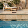 Noce Travertine Coping 12x12 Unfilled Honed Bullnose 1.25 inch pool coping — Swimming Pool remodel pool edge