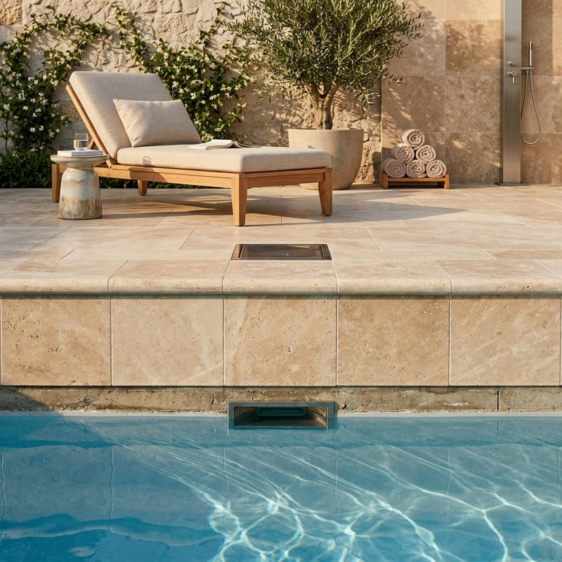 Noce Travertine Coping 12x12 Unfilled Honed Bullnose 1.25 inch pool coping — Swimming Pool remodel pool edge
