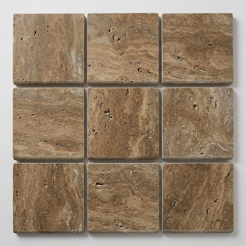Noce Travertine Coping 12x12 Unfilled, Honed Bullnose 2 inch close-up