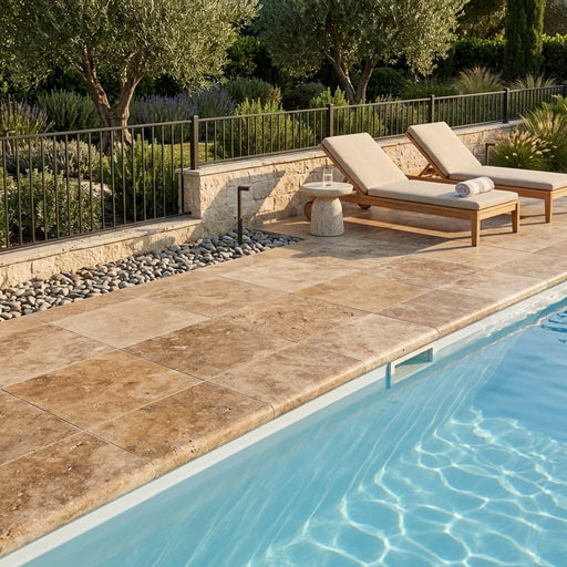 Noce Travertine Coping 12x12 Unfilled, Honed Bullnose 2 inch pool coping — Swimming Pool pool edge drop-face coping