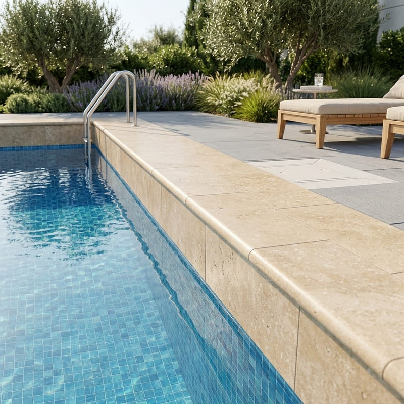 Noce Travertine Coping 12x24 Filled & Honed Bullnose 1.25 inch pool coping — Swimming Pool remodel pool edge