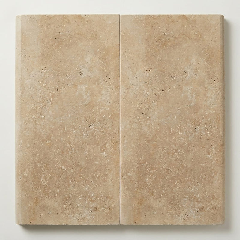 Beige Noce Travertine Coping 12x24 Filled Honed Bullnose 2 inch close-up