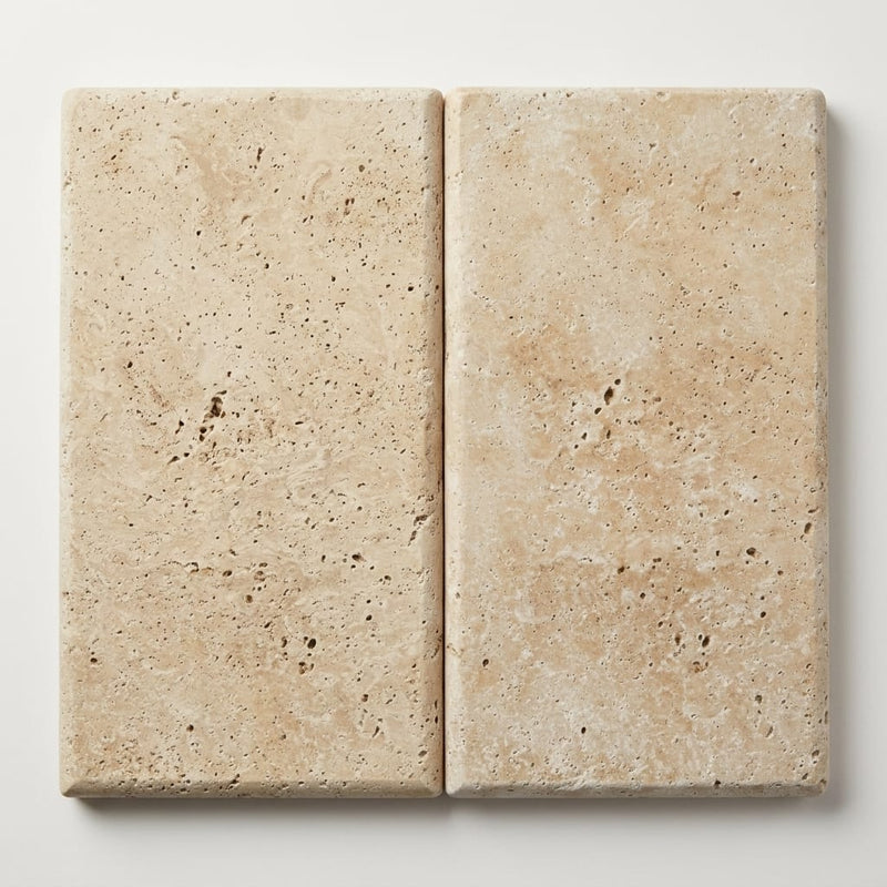 Noce Travertine Coping 12x24 Tumbled Bullnose 1.25 inch close-up