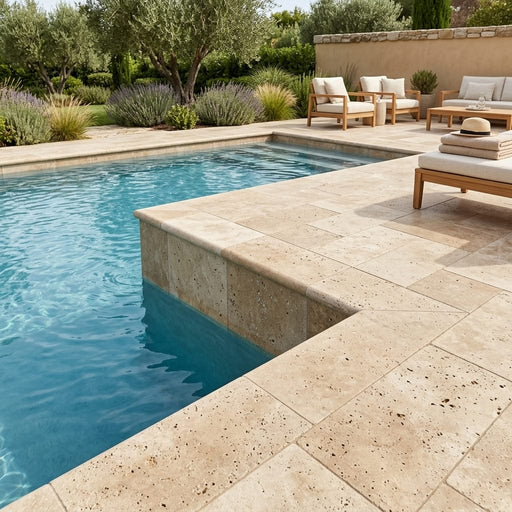 Noce Travertine Coping 12x24 Tumbled Bullnose 1.25 inch pool coping — Swimming Pool pool edge drop-face coping