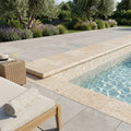 Noce Travertine Coping 12x24 Tumbled Bullnose 1.25 inch pool coping — Swimming Pool remodel pool edge