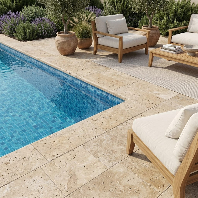 Noce Travertine Coping 12x24 Tumbled Bullnose 2 inch pool coping — Swimming Pool pool edge drop-face coping
