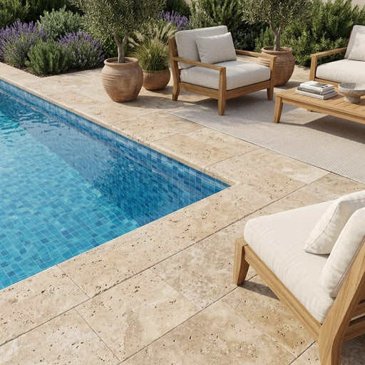 Noce Travertine Coping 12x24 Tumbled Bullnose 2 inch pool coping — Swimming Pool pool edge drop-face coping