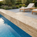 Noce Travertine Coping 12x24 Tumbled Bullnose 2 inch pool coping — Swimming Pool remodel pool edge