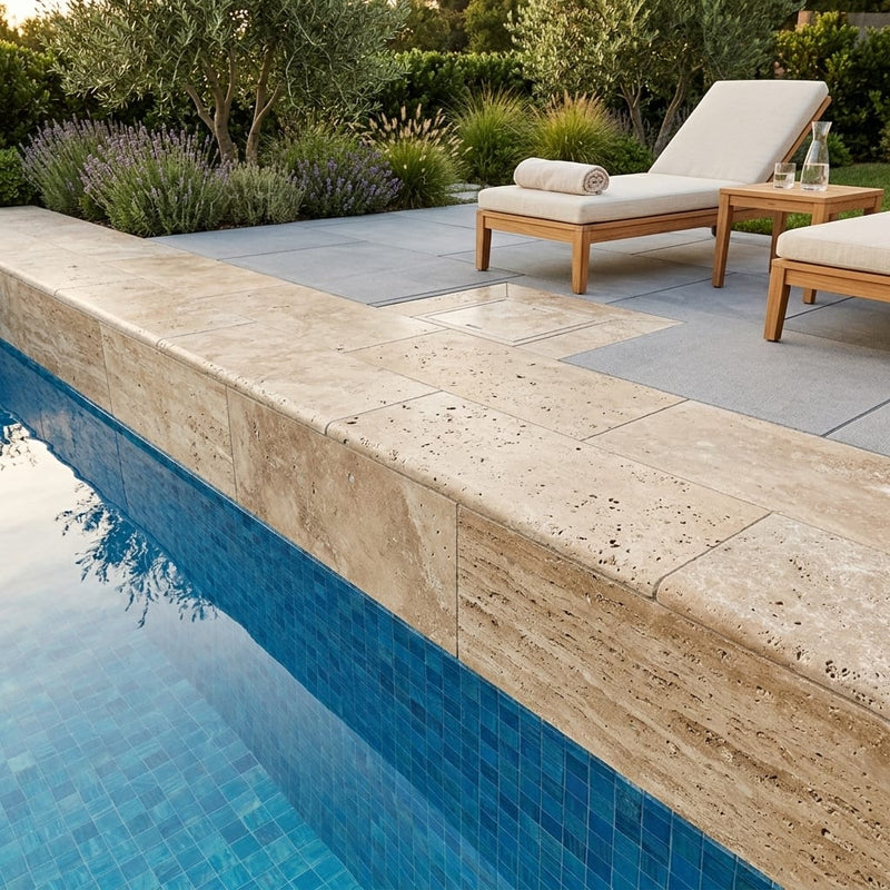 Noce Travertine Coping 12x24 Tumbled Bullnose 2 inch pool coping — Swimming Pool remodel pool edge