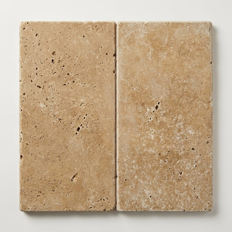 Noce Travertine Coping 12x24 Tumbled Bullnose 3 inch close-up
