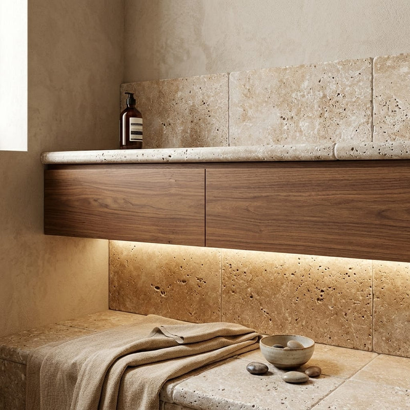 Noce Travertine Coping 12x24 Tumbled Bullnose 3 inch pool coping — Spa spa overhang edge