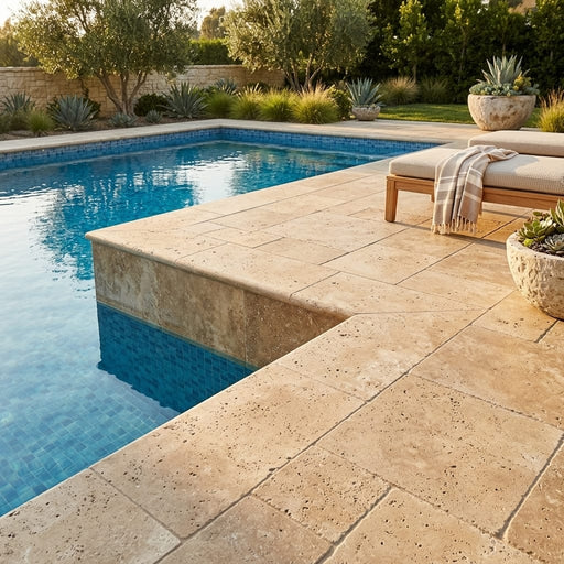 Noce Travertine Coping 12x24 Tumbled Bullnose 3 inch pool coping — Swimming Pool pool edge drop-face coping