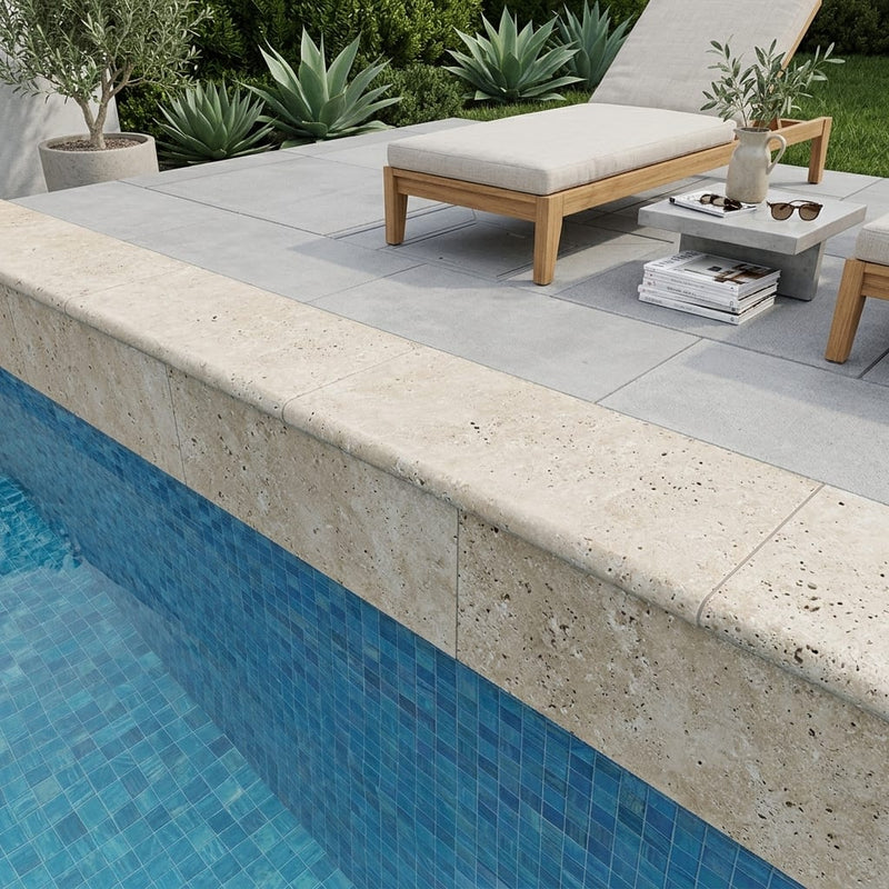 Noce Travertine Coping 12x24 Tumbled Bullnose 3 inch pool coping — Swimming Pool remodel pool edge