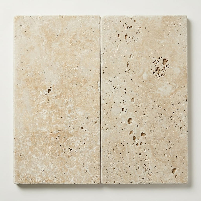 Noce Travertine Coping 12x24 Unfilled, Honed Bullnose 1.25 inch close-up