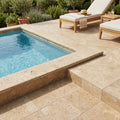 Noce Travertine Coping 12x24 Unfilled, Honed Bullnose 1.25 inch pool coping — Swimming Pool pool edge drop-face coping