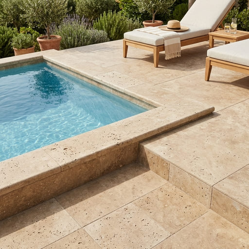 Noce Travertine Coping 12x24 Unfilled, Honed Bullnose 1.25 inch pool coping — Swimming Pool pool edge drop-face coping