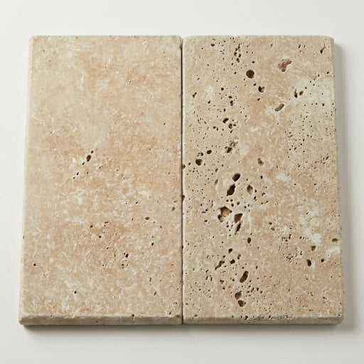 Noce Travertine Coping 12x24 Unfilled, Honed Bullnose 2 inch close-up