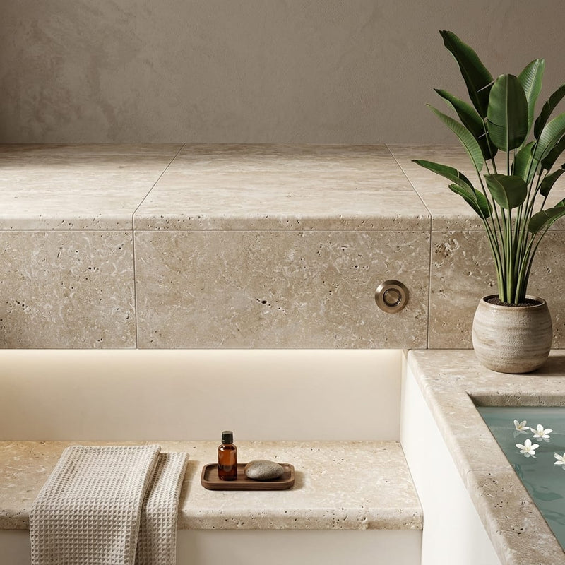 Noce Travertine Coping 12x24 Unfilled, Honed Bullnose 2 inch pool coping — Spa spa overhang edge
