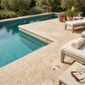 Noce Travertine Coping 12x24 Unfilled, Honed Bullnose 2 inch pool coping — Swimming Pool pool edge drop-face coping