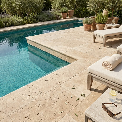 Noce Travertine Coping 12x24 Unfilled, Honed Bullnose 2 inch pool coping — Swimming Pool pool edge drop-face coping