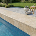Noce Travertine Coping 12x24 Unfilled, Honed Bullnose 2 inch pool coping — Swimming Pool remodel pool edge