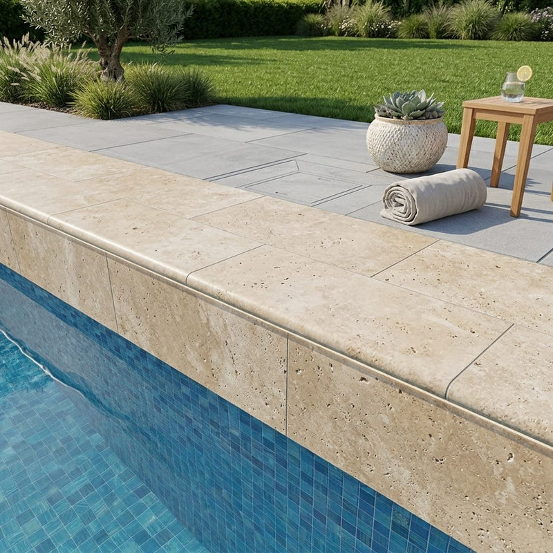 Noce Travertine Coping 12x24 Unfilled, Honed Bullnose 2 inch pool coping — Swimming Pool remodel pool edge