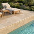 Noce Travertine Coping 16x16 Tumbled Double Bullnose 1.25 inch pool coping — Swimming Pool remodel pool edge