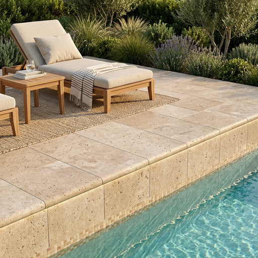 Noce Travertine Coping 16x16 Tumbled Double Bullnose 1.25 inch pool coping — Swimming Pool remodel pool edge