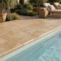 Noce Travertine Coping 16x24 Tumbled Bullnose, Brown 1.25 inch pool coping — Swimming Pool pool edge drop-face coping