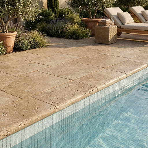 Noce Travertine Coping 16x24 Tumbled Bullnose, Brown 1.25 inch pool coping — Swimming Pool pool edge drop-face coping