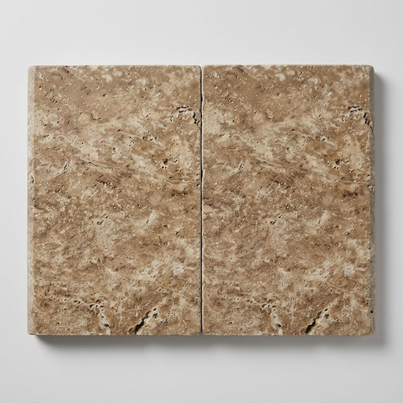 Noce Travertine Coping 16x24 Tumbled Bullnose 2 inch close-up