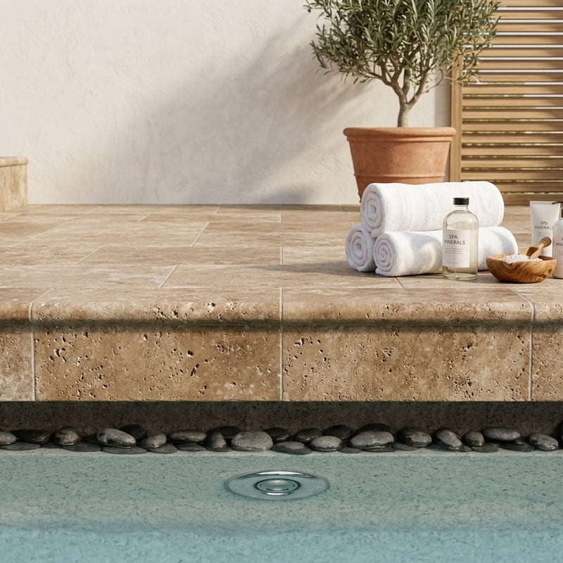 Noce Travertine Coping 16x24 Tumbled Bullnose 2 inch pool coping — Spa spa overhang edge