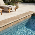 Noce Travertine Coping 16x24 Tumbled Bullnose 2 inch pool coping — Swimming Pool pool edge drop-face coping