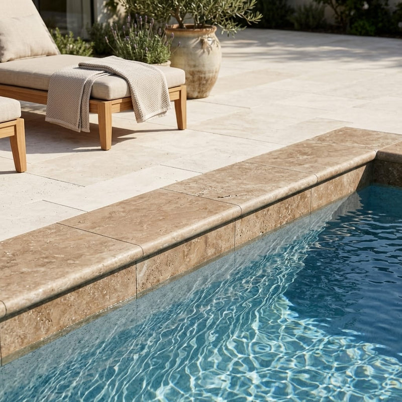 Noce Travertine Coping 16x24 Tumbled Bullnose 2 inch pool coping — Swimming Pool pool edge drop-face coping
