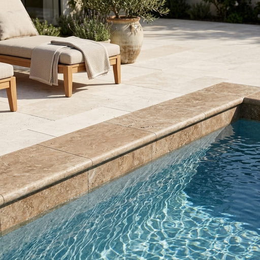 Noce Travertine Coping 16x24 Tumbled Bullnose 2 inch pool coping — Swimming Pool pool edge drop-face coping