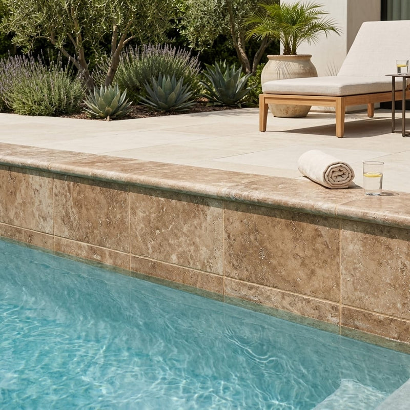 Noce Travertine Coping 16x24 Tumbled Bullnose 2 inch pool coping — Swimming Pool remodel pool edge