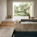 Noce Coping Travertine Tile 6x12 Tumbled Bullnose 1.25 inch pool coping — Spa spa overhang edge