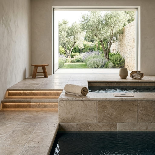 Noce Coping Travertine Tile 6x12 Tumbled Bullnose 1.25 inch pool coping — Spa spa overhang edge