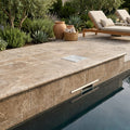 Noce Coping Travertine Tile 6x12 Tumbled Bullnose 1.25 inch pool coping — Swimming Pool remodel pool edge