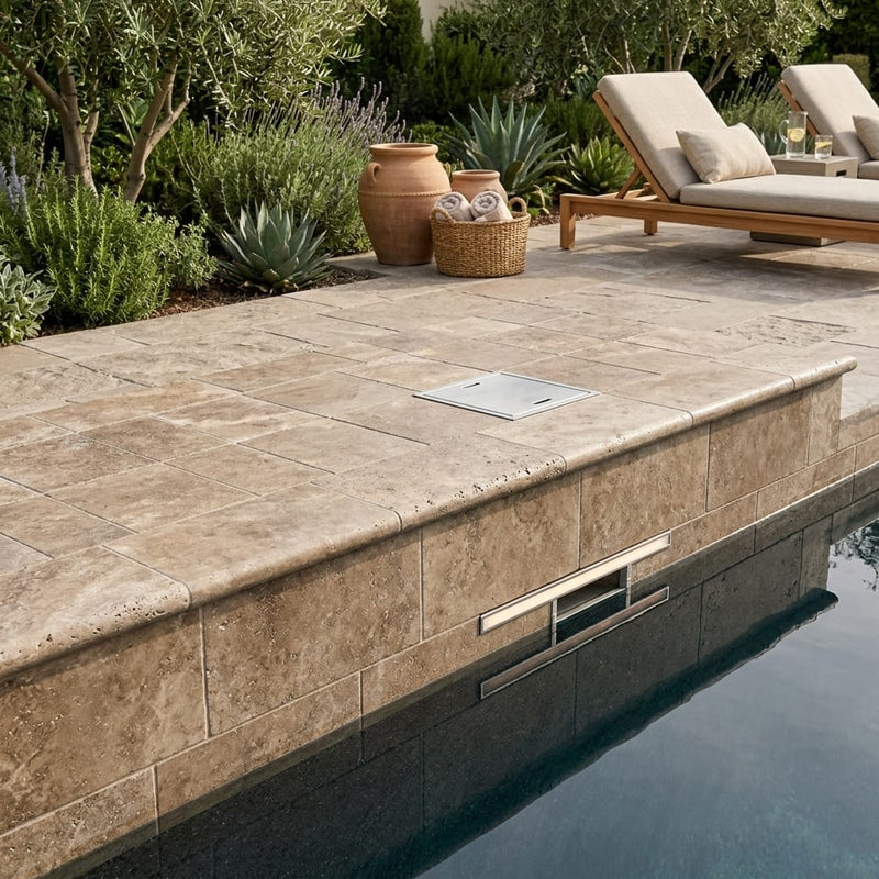 Noce Coping Travertine Tile 6x12 Tumbled Bullnose 1.25 inch pool coping — Swimming Pool remodel pool edge