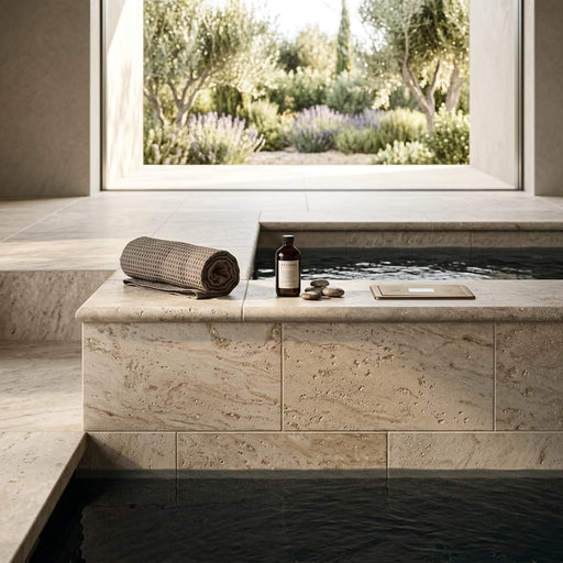 Noce Travertine Coping 6x12 Unfilled Honed Bullnose 1.25 inch pool coping — Spa spa overhang edge