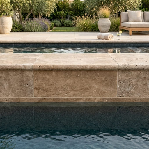 Noce Travertine Coping 6x12 Unfilled Honed Bullnose 1.25 inch pool coping — Swimming Pool pool edge drop-face coping