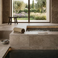 Noce Travertine Coping 6x12 Unfilled, Honed Bullnose 2 inch pool coping — Spa spa overhang edge