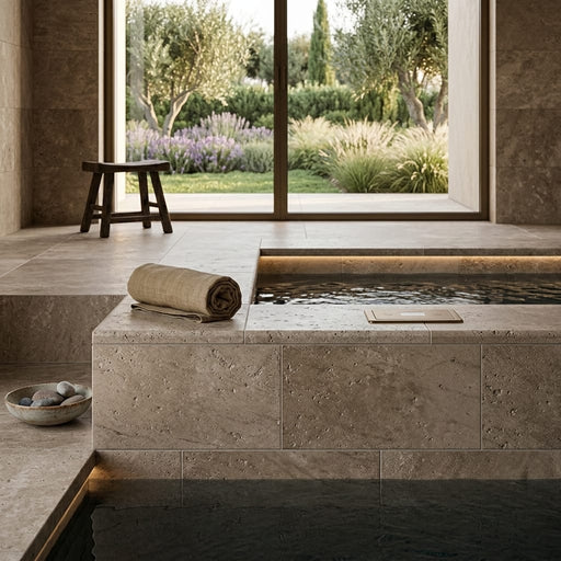 Noce Travertine Coping 6x12 Unfilled, Honed Bullnose 2 inch pool coping — Spa spa overhang edge