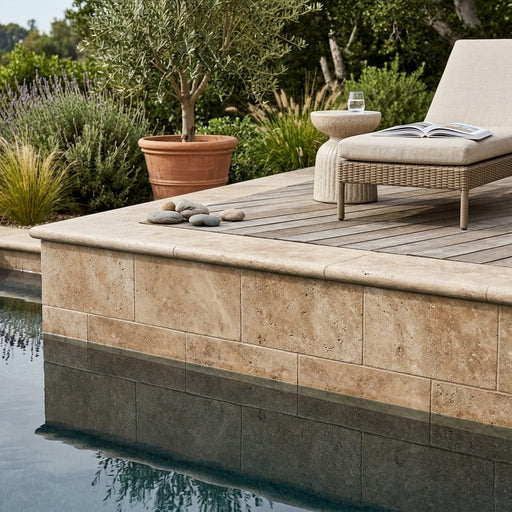 Noce Travertine Coping 6x12 Unfilled, Honed Bullnose 2 inch pool coping — Swimming Pool pool edge drop-face coping