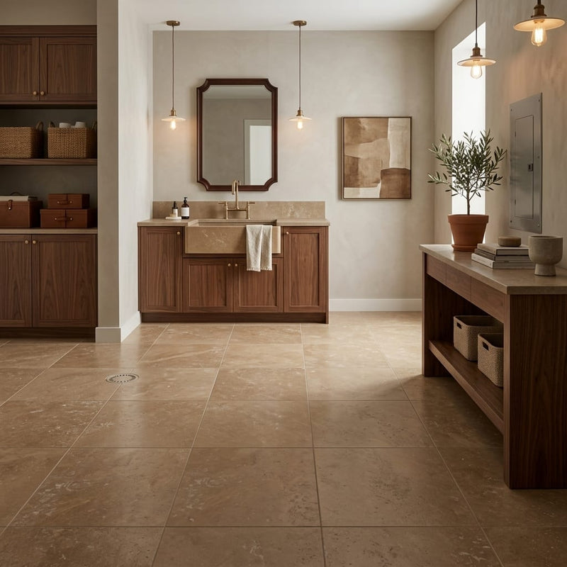 Noce Travertine Filled, Honed & Straight Edge 12 x 12 x 3/8 Cross Cut Tile 12x12 — Basement floor