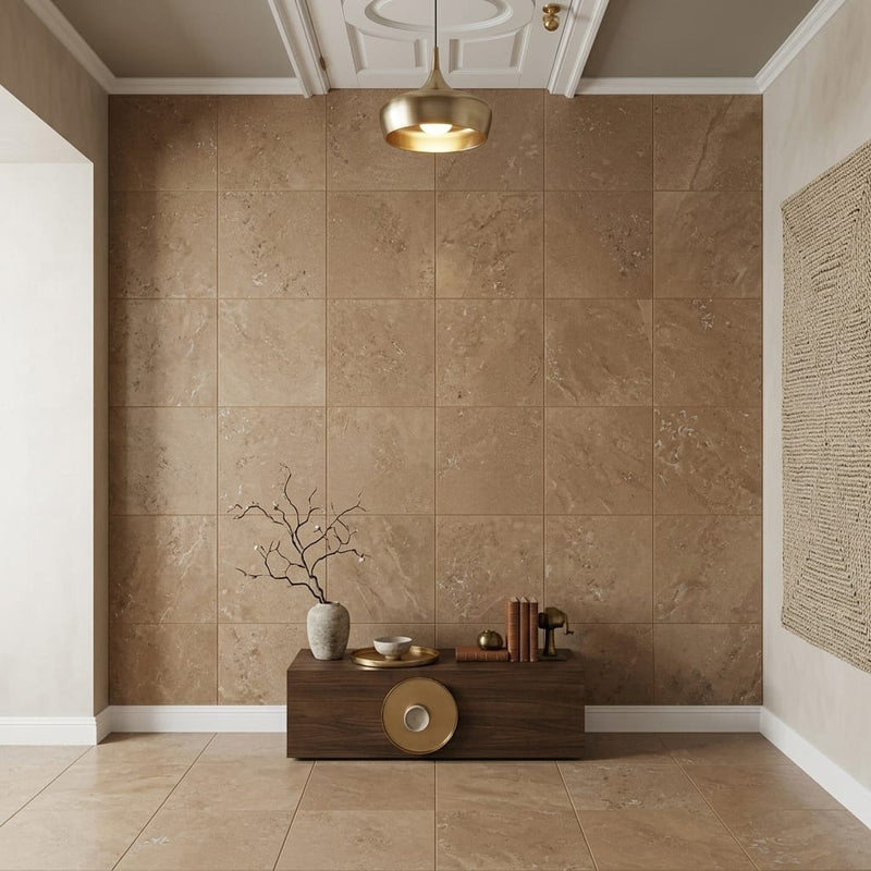 Noce Travertine Filled, Honed & Straight Edge 12 x 12 x 3/8 Cross Cut Tile 12x12 — Hallway floor
