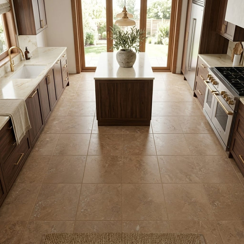 Noce Travertine Filled, Honed & Straight Edge 12 x 12 x 3/8 Cross Cut Tile 12x12 — Kitchen floor