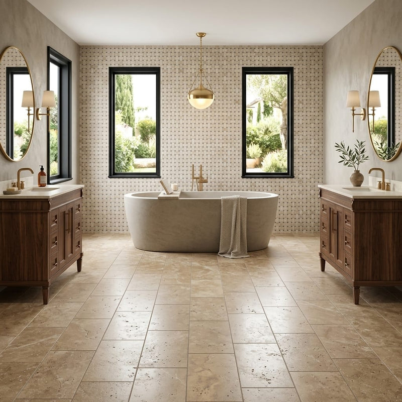 Noce Travertine Filled, Honed & Straight Edge 12 x 24 x 1/2 Cross Cut Tile 12x24 — Bathroom floor
