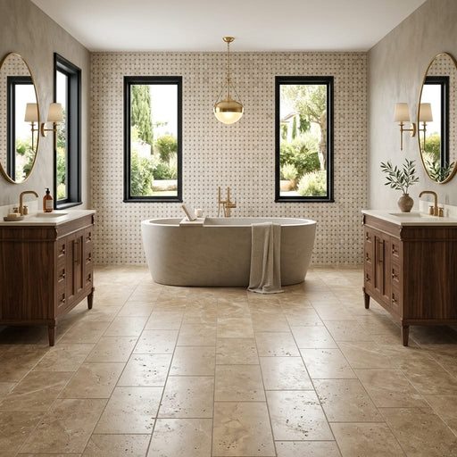 Noce Travertine Filled, Honed & Straight Edge 12 x 24 x 1/2 Cross Cut Tile 12x24 — Bathroom floor